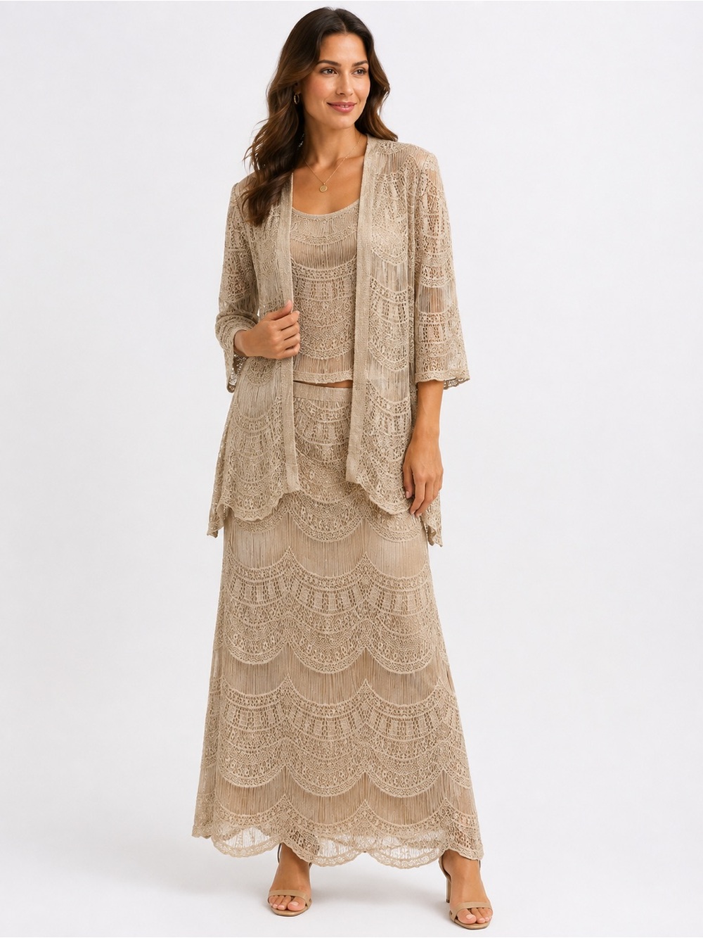 Vintage Damianou Size L Champagne Lace Beaded 3 Piece Formal Skirt Set USA